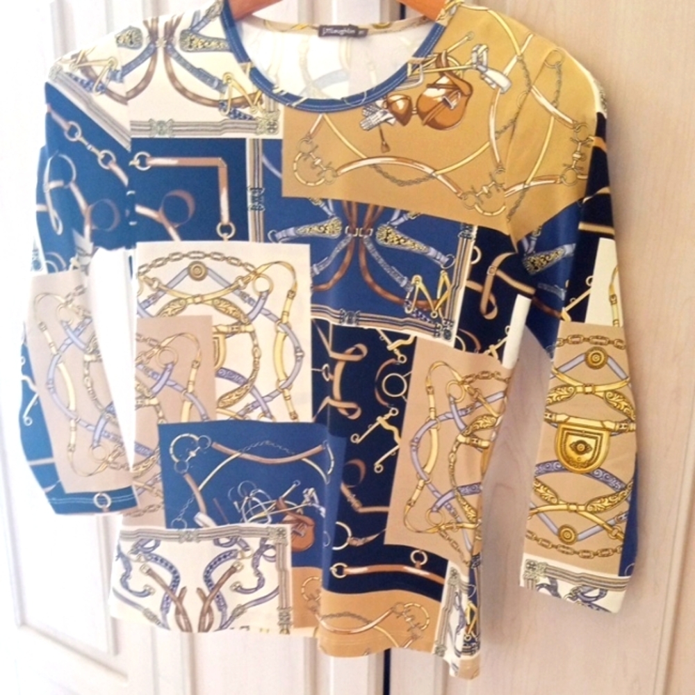 J.McLaughlin tan, gold, blue, black Signature Tee - Catalina Cloth 3/4 sleeve.